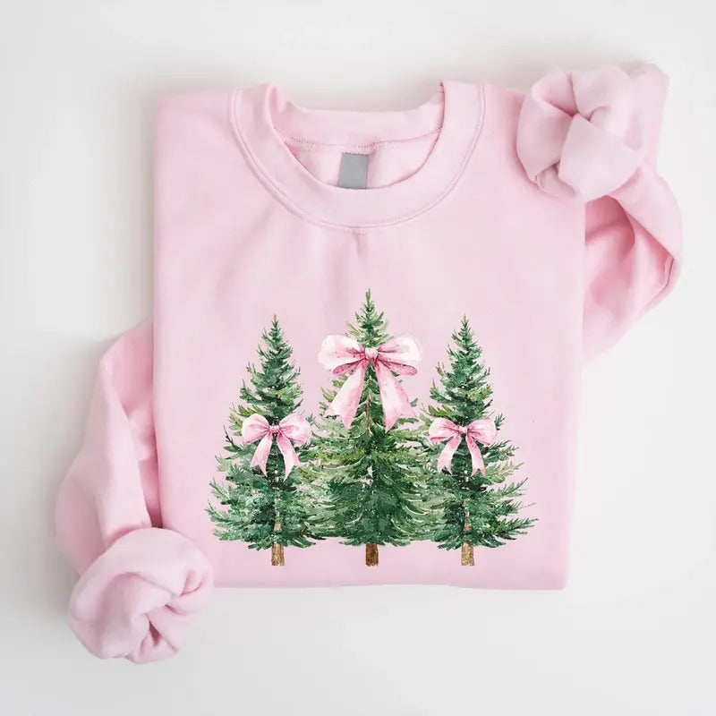 Coquette Pink Bow Christmas Tree Shirt, Christmas Tree Bow Sweatshirt, Coquette Pink Christmas Sweater, Coquette Farm...