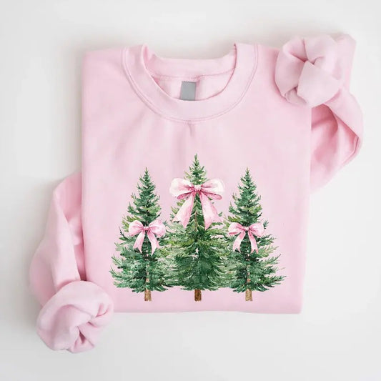Coquette Pink Bow Christmas Tree Shirt, Christmas Tree Bow Sweatshirt, Coquette Pink Christmas Sweater, Coquette Farm...