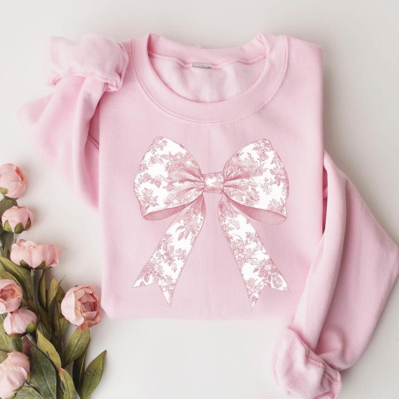Coquette Pink Bow Sweatshirt, Coquette Girl Sweatshirt, Floral Bow Crewneck, Floral Pink Bow Shirt, Pink Ribbon Soft Girl...