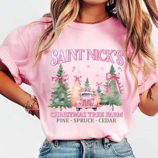 Coquette Pink Christmas Shirt, Saint Nicks Christmas Tree Farm Sweatshirt, Pink Bow Christmas Shirt, Trendy Santa...