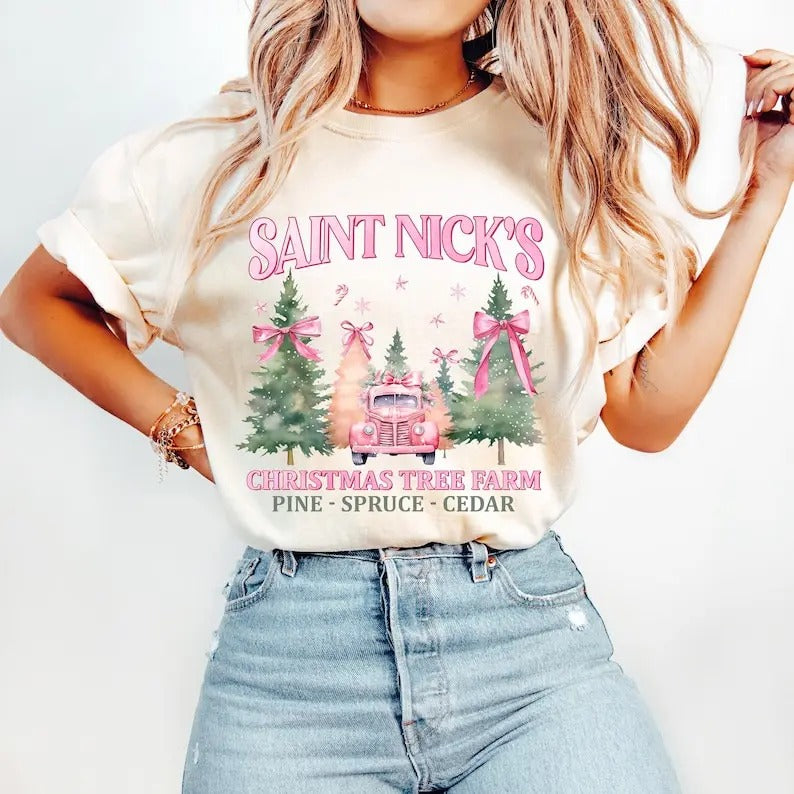 Coquette Pink Christmas Shirt, Saint Nicks Christmas Tree Farm Sweatshirt, Pink Bow Christmas, Trendy Santa Cotton Fabric...