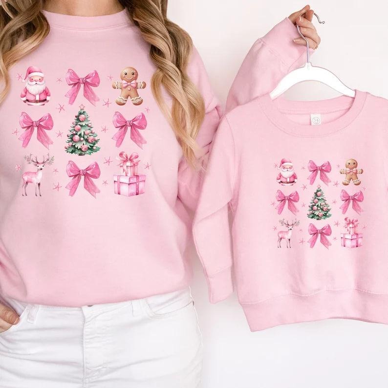 Coquette Pink Christmas Sweatshirt, Pink Bow Christmas Sweater, Trendy Santa Shirt, Xmas Christmas Sweatshirt, Vintage...