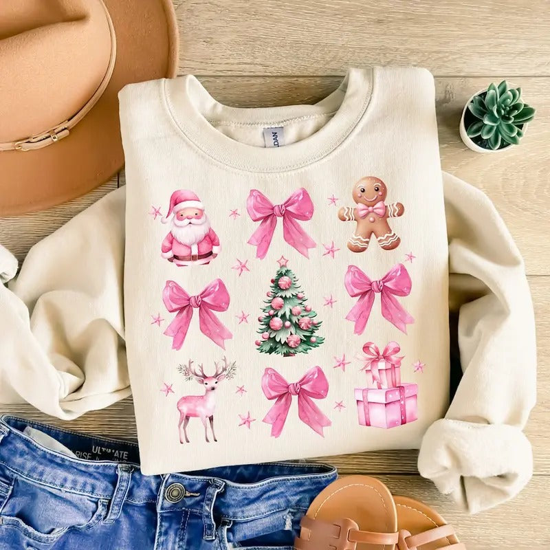 Coquette Pink Christmas Tshirt Sweatshirt, Pink Bow Christmas Shirt, Trendy Santa Shirt, Christmas Shirt Hoodie