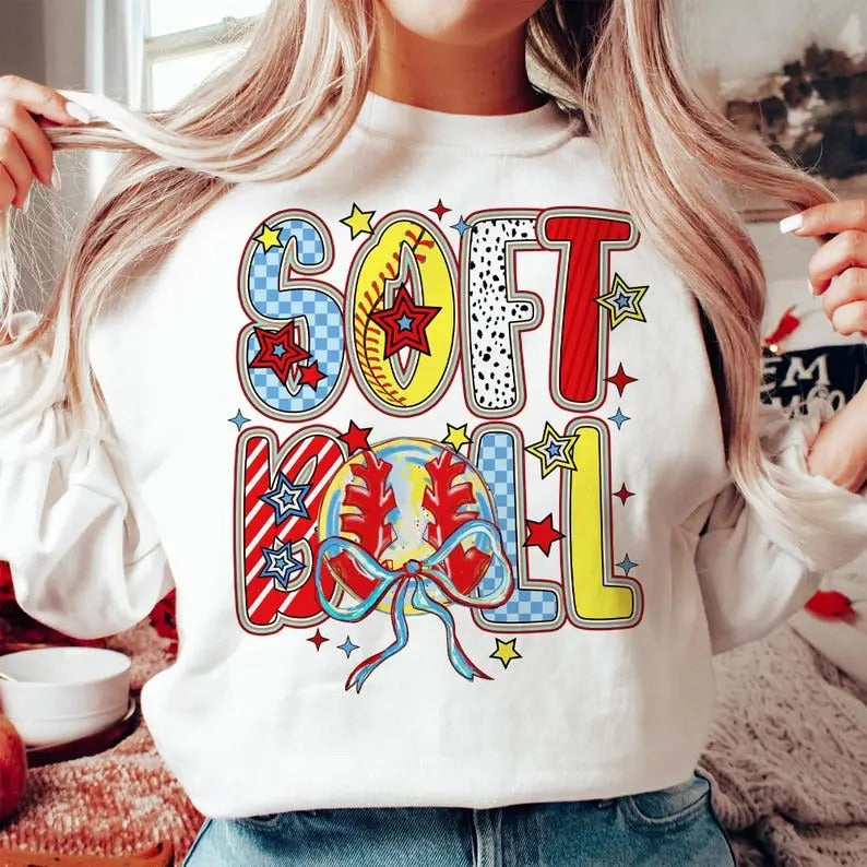 Coquette Softball Brushstroke Sweatshirt Softball Coquette Game Day Softball Bow Softball Mom T-Shirts, Hoodie