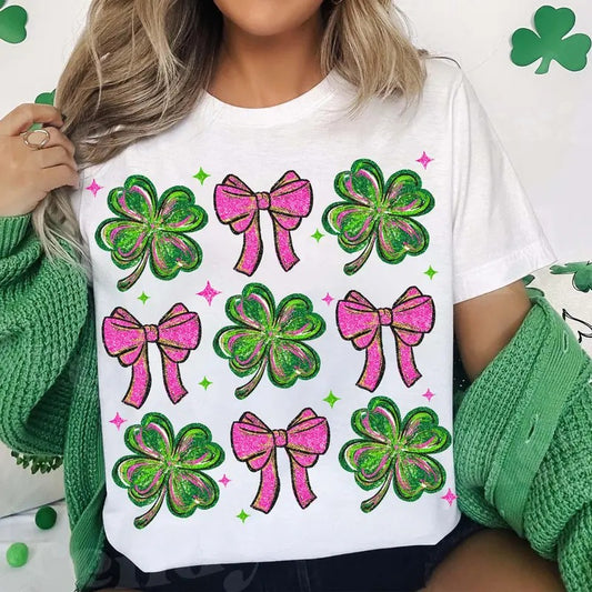 Coquette St Patricks Day Shamrock Sequins Glitter T-Shirt, St Pattys Day T-Shirt, Four Leaf Clover Sequin Bow, Patricks...