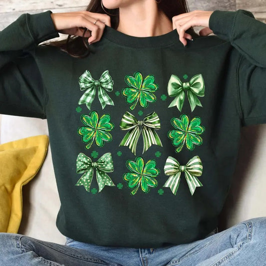 Coquette St. Patrick's Day Sweatshirt - Cute Shamrock Bow Clover Sweater for Women, Aesthetic St. Patty's Day Pullover...