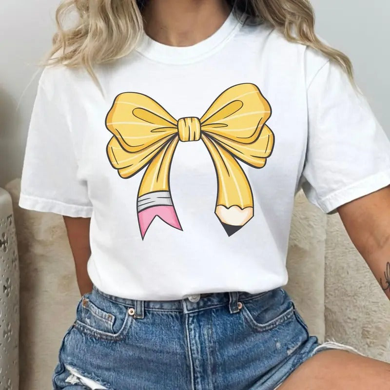 Coquette Teacher Shirt, Coquette Pencil Bow T-Shirt, Trendy Back to School Tee, Appreciation Gift, Elementary Teacher...
