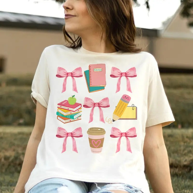 Coquette Tee Teacher Tshirt Books and Bows T-Shirts Teacher School Top Womens Teacher Tshirts Coffee and Pink Bows Tees...