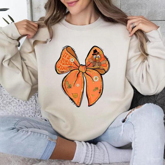 Coquette Turkey Bow Sweatshirt, Thanksgiving Shirt, Glitter Turkey Bow Sweatshirt, Fall Pumpkin Shirt, It's Turkey Time...