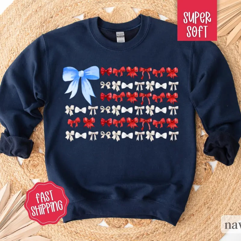 Coquette USA Bow Sweatshirt, Flag Sweater, Patriotic Shirt, July 4th Outfit, Red, White and Blue Bow Sweatshirt Hoodie
