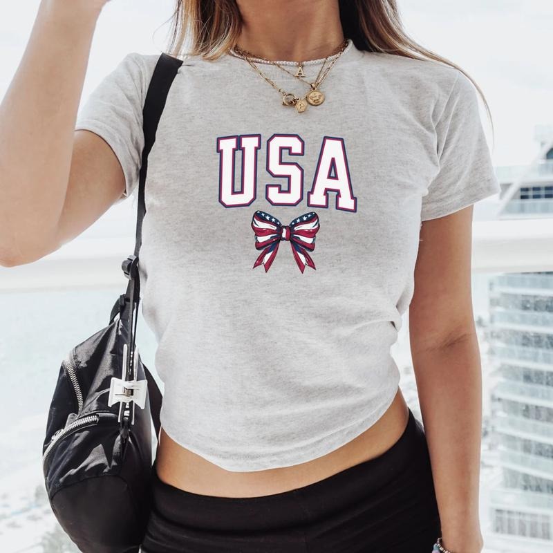 Coquette USA Flag Baby Tee, 4th Of July Flag Baby Tee, Fourth Of July Cute Bow T-Shirt, Y2k USA Flag Shirt, Patriotic...