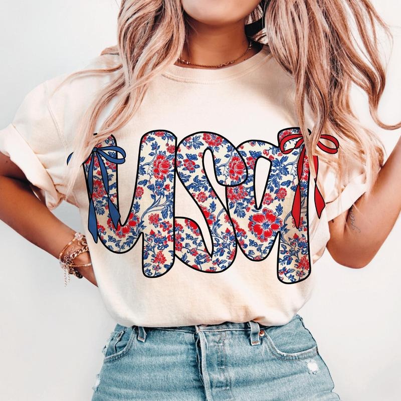 Coquette USA Shirt Floral Patriotic 4th of July T-Shirt Retro America Tee Girly Independence Day Top 100% Cotton Hoodie,...