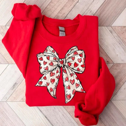 Coquette Valentine's Day Heart Bow Sweatshirt, Retro Valentine Shirt, Valentines day Bow Sweatsirt, Coquette Bow Shirt,...