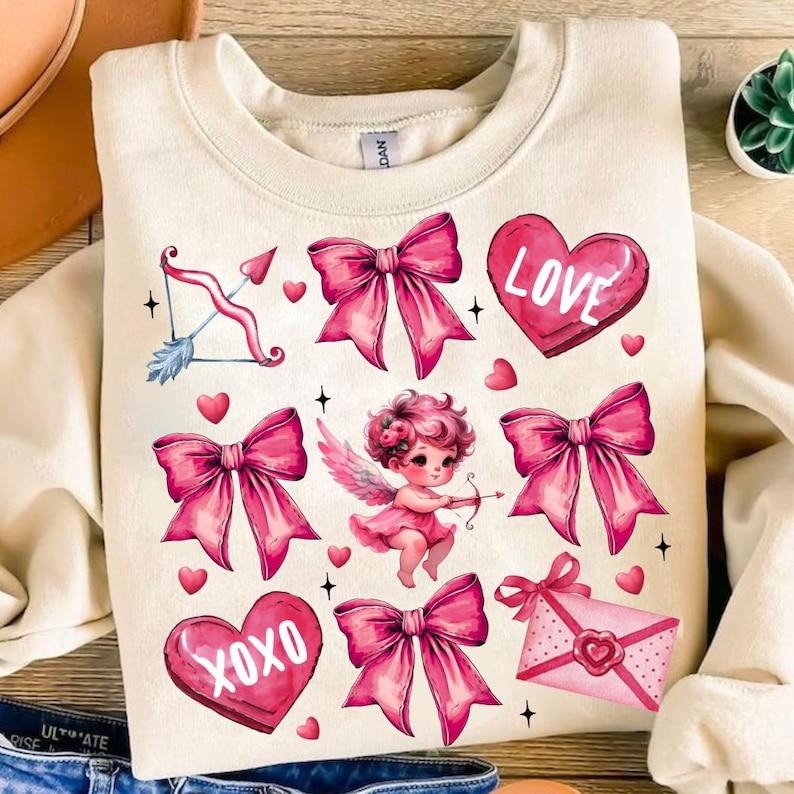 Coquette Valentines Day Sweatshirt Pink Valentine Bow , Valentine Heart Coquette Bow , Valentine Cupid  , XOXO , Retro...