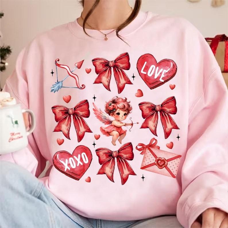 Coquette Valentines Day Sweatshirt Valentine Bow , Valentine Heart Coquette Bow , Valentine Cupid  , XOXO , Retro...