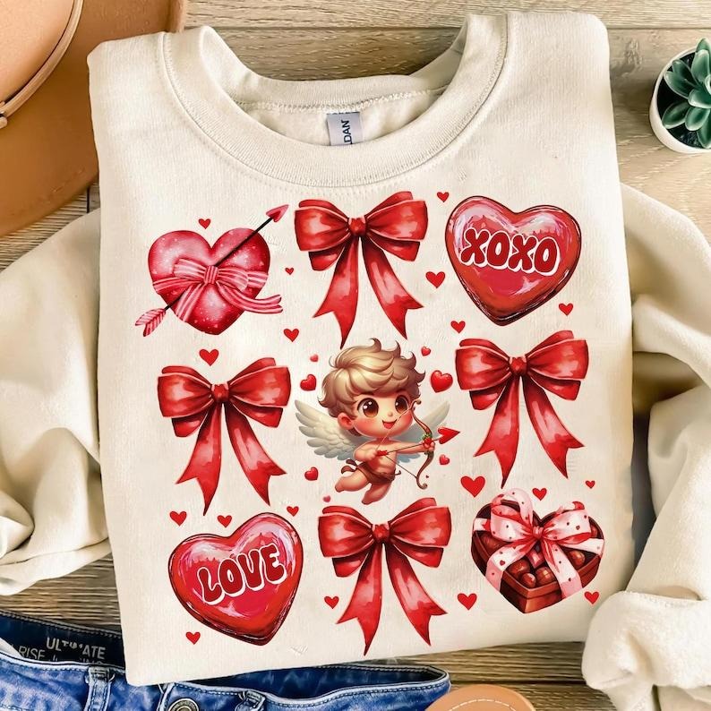 Coquette Valentines Day Sweatshirt Valentine Bow , Valentine Heart Coquette Bow , Valentine Cupid  , XOXO , Retro...