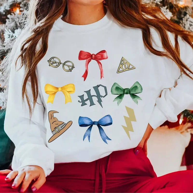 Coquette Wizard Christmas Shirt, Wizarding World Bow Sweatshirt, HP Wizard Coquette T-Shirt, Gift For HP Fans Hoodie