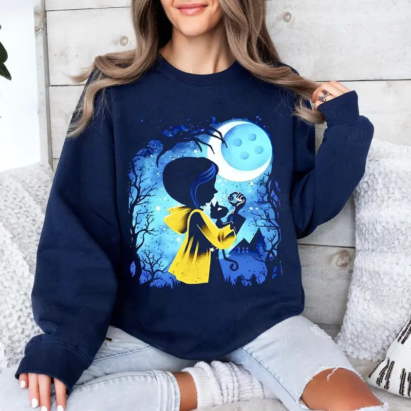 Coraline Moon Button in Night Sweatshirt, Coraline Horror Movies, Coraline Sweatshirt Hoodie, Halloween Movies, Christmas...