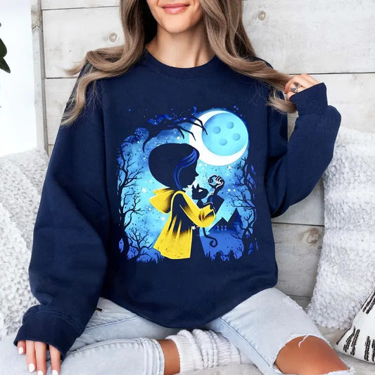 Coraline Moon Button in Night Sweatshirt, Coraline Horror Movies, Coraline Sweatshirt Hoodie, Halloween Movies, Christmas...