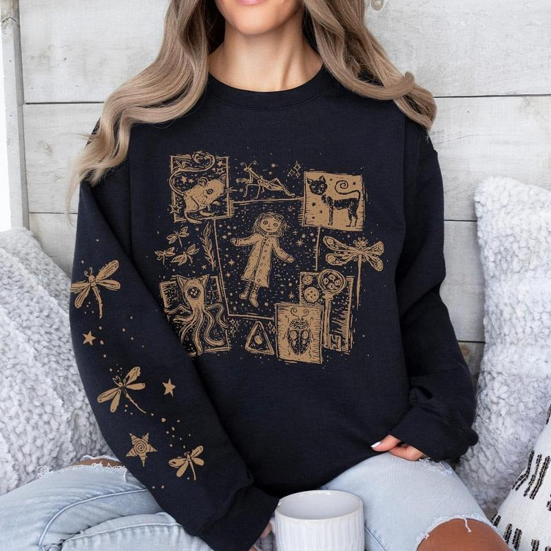 Coraline dreaming Golden style Sweatshirt Hoodie, famous horror movies tshirt, Horror Character Shirt, Halloween Crewneck...