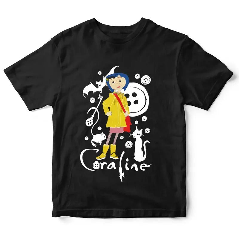 Coraline with Black Cat Button Shirt, Coraline horror movies tshirt, Horror Character Shirt, Halloween Crewneck...