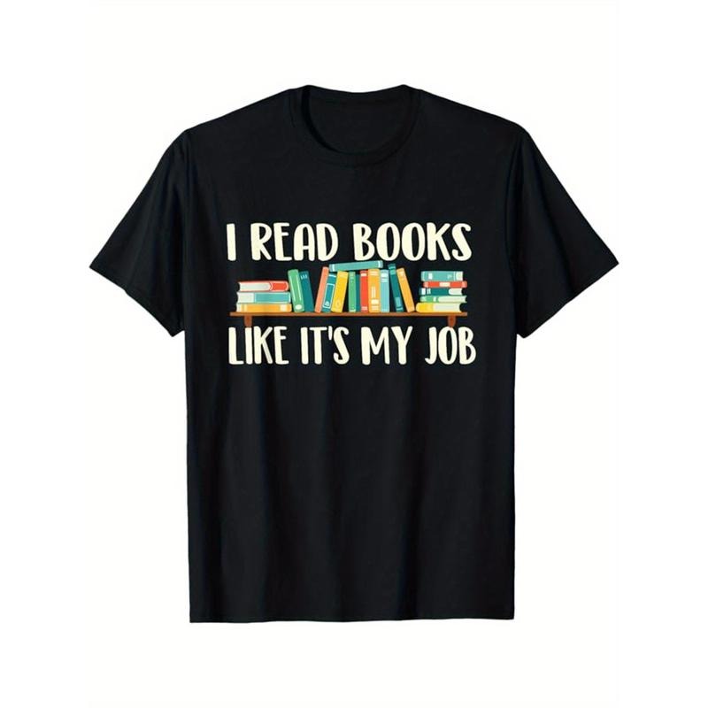 Cotton Crew Neck T-Shirt for Men, "I Read Books Like It'S My Job" Print, Short Sleeve, Regular Fit, Geometric Pattern,...