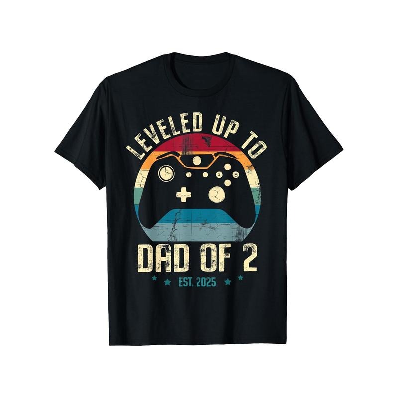 Cotton Gamer Dad T-Shirt, Casual Crew Neck, Slight Stretch, Geometric Pattern, Knit Fabric, Regular Fit, with "Leveled Up...
