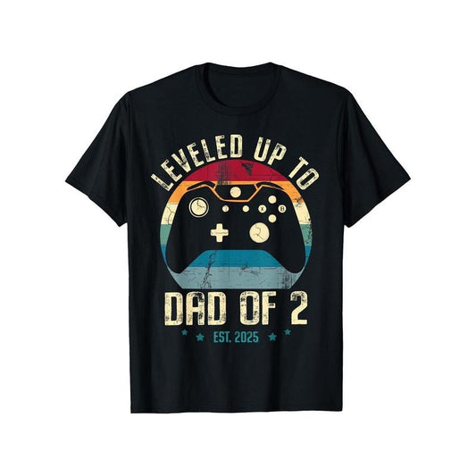Cotton Gamer Dad T-Shirt, Casual Crew Neck, Slight Stretch, Geometric Pattern, Knit Fabric, Regular Fit, with "Leveled Up...