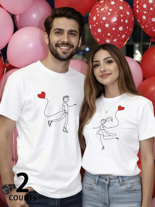 Couple's Graphic Print Round Neck Tee, Casual Fashion Short Sleeve T-shirt for Daily Wear, Ladies Clothes for All Seasons...