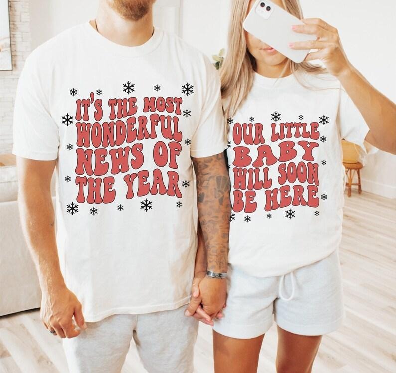 Couples Christmas Pregnancy Announcement Shirt, Baby Reveal T Shirt, Parents To Be Pregnant Christmas Gift, Unisex Short...