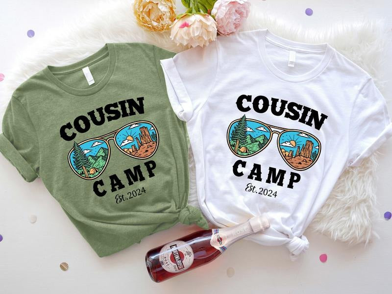 Cousin Camp Est 2024 T-shirt, Matching Cousins Crew Trip Tee, Unisex Summer Family Reunion Tee, Mountain Sunglasses...