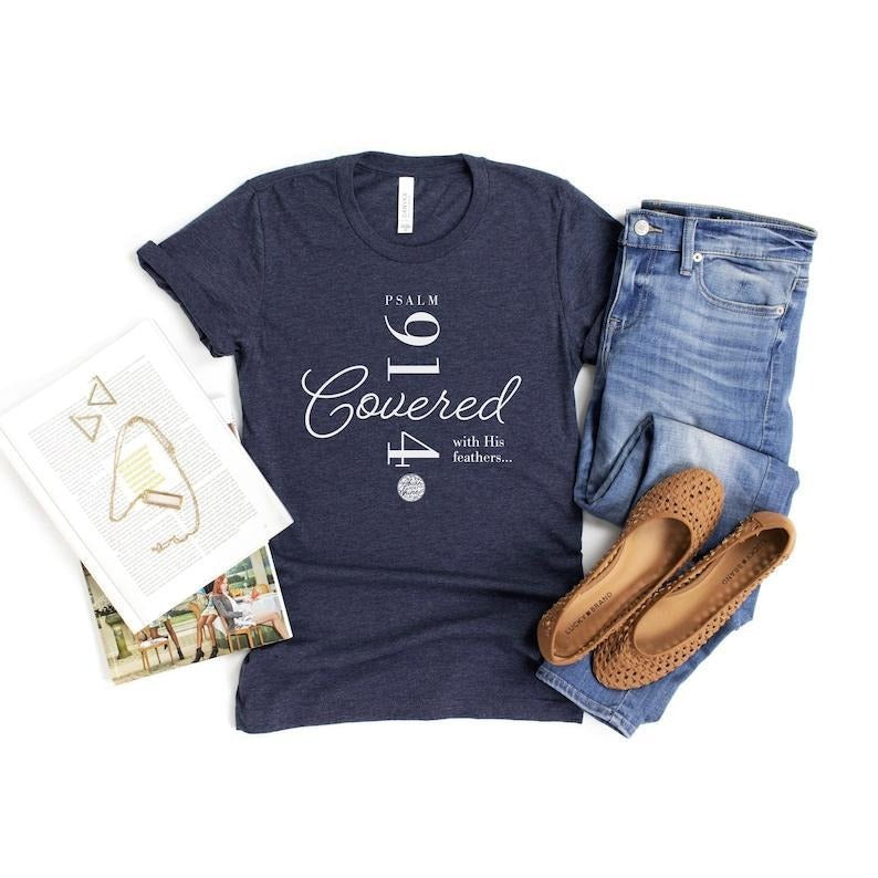 Covered by His Feathers T-shirt, Faith Based clothes, Bible verse tee, Inspirational T-shirt, Christian Words T-Shirt,...