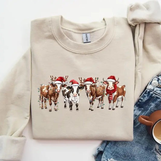 Cow Christmas Sweatshirt, Farm Christmas Shirt, Cow Lover Gift, Christmas Cow Sweater, Christmas Crewneck, Women...
