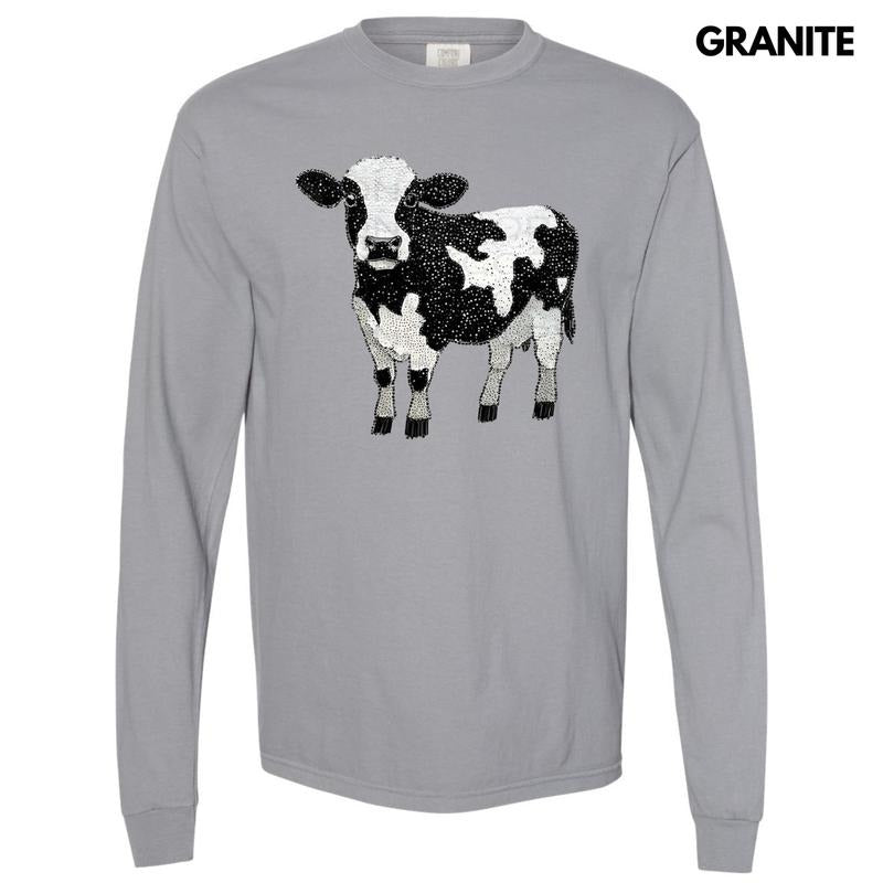 Cow Faux Rhinestone Long Sleeve Comfort Colors T-Shirt Hoodie, Sweatshirt | WearSparks.com