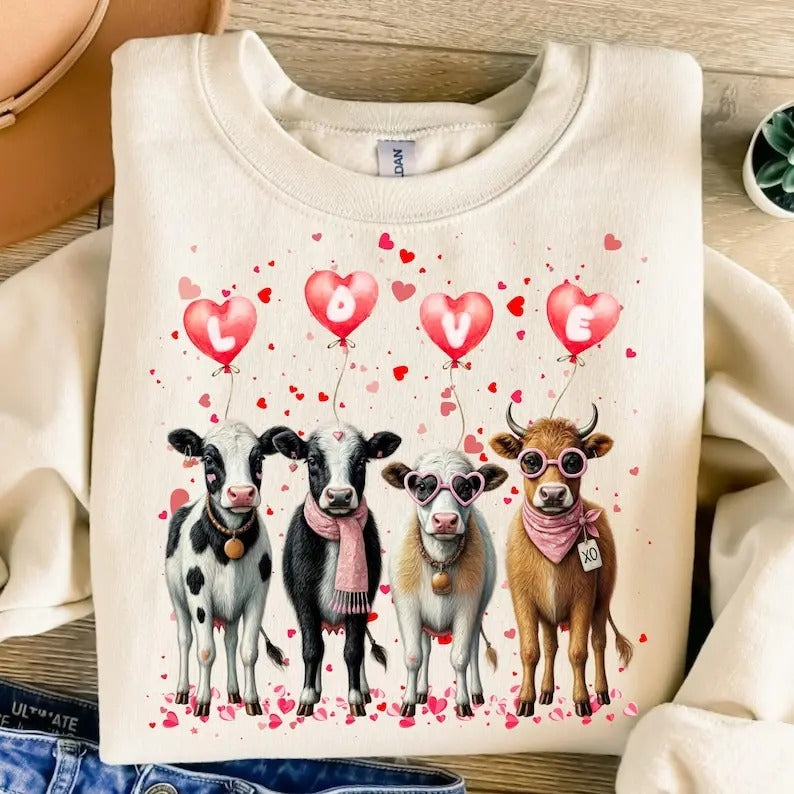Cow Lover  Valentine Heifer Highland Cow  Sweatshirt Retro Western Valentine Country Love  Be Mine Valentine's Day...