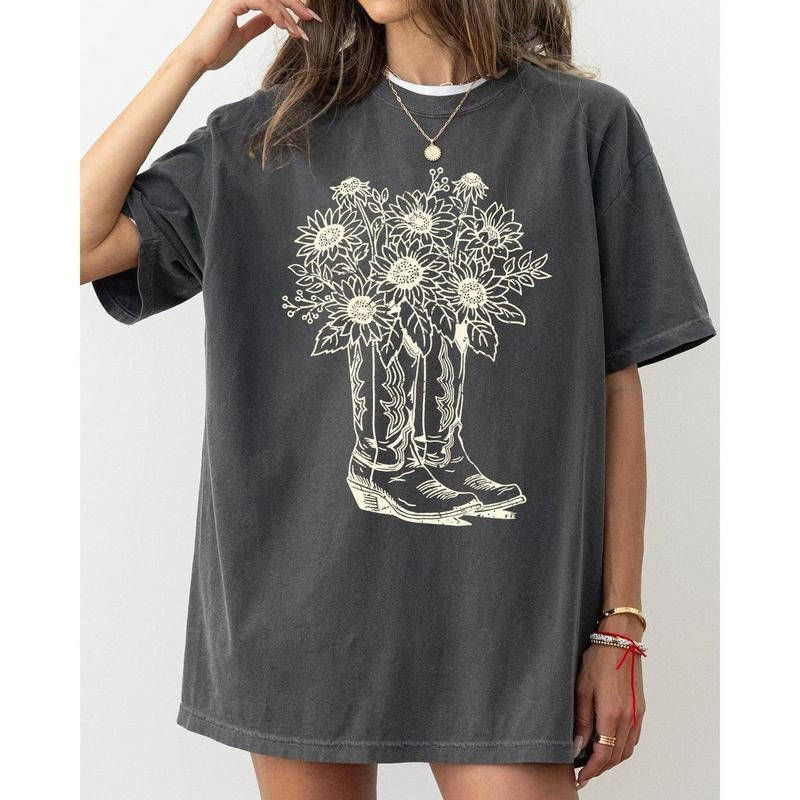 Cowboy Boots and Flowers Tshirt, Cowgirl, Western, Retro Tshirt, Women's Tee Hoodie, Sweatshirt | WearSparks.com