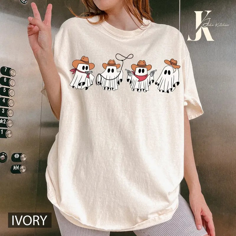Cowboy Ghost T-Shirt, Cute Ghost T-Shirt, Women's Halloween Shirt, Spooky Season Shirt, Halloween Gift, Cute Fall Shirt...