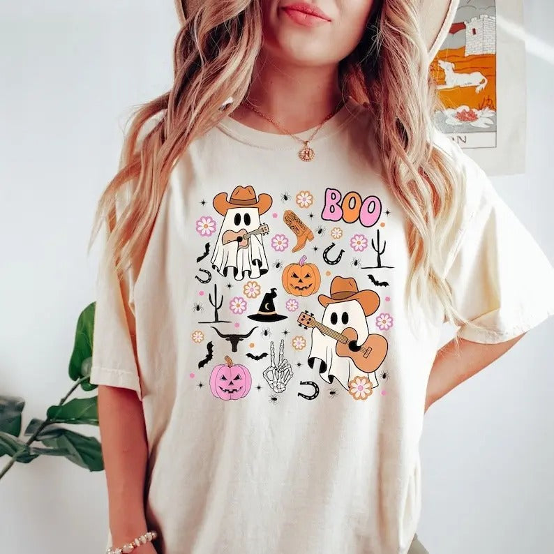 Cowboy Ghost sweatshirt, Ghost Collage Sweatshirt, Halloween Shirt, Cute Western Cowboy Ghost Shirt, Southern Twang Mini...