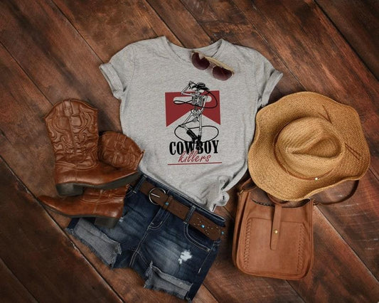 Cowboy Killer Skeleton Shirt - Gray Western Graphic Tee with Cowboy and Cowgirl Design, Casual Men's Cotton T-Shirt...