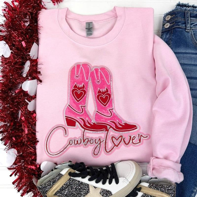 Cowboy Lover Sequin Patch Sweatshirt -- LIGHT PINK T-Shirts, Hoodie | WearSparks.com
