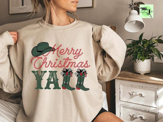 Cowboy Merry Christmas Yall Sweatshirt, Western Christmas Sweater, Cowgirl Christmas Sweatshirt, Ugly Christmas Sweater,...