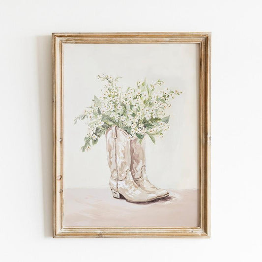 Cowgirl Boots Print, Neutral Floral Western Nursery Wall Art, Boho Art Print Decor, Gifts For Her Women Bedroom Decor,...