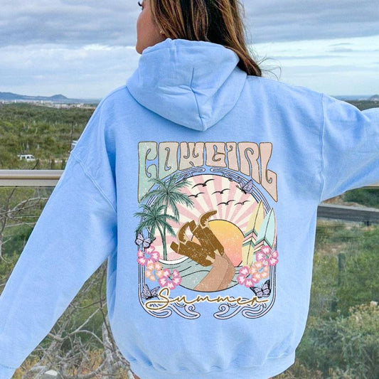 Cowgirl Summer Graphic Hoodie, Cotton Casual Oversized Hoodie, Sunset Hoodie, Beach Hoodie, Womens Sweatshirt Womenswear...