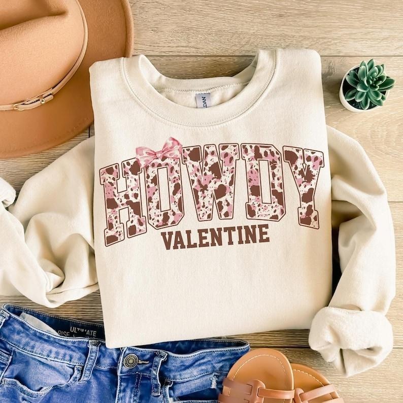 Cowgirl Valentine Crewneck | Retro Highland Cow Sweatshirt | Western Love Design T-Shirts, Hoodie | WearSparks.com