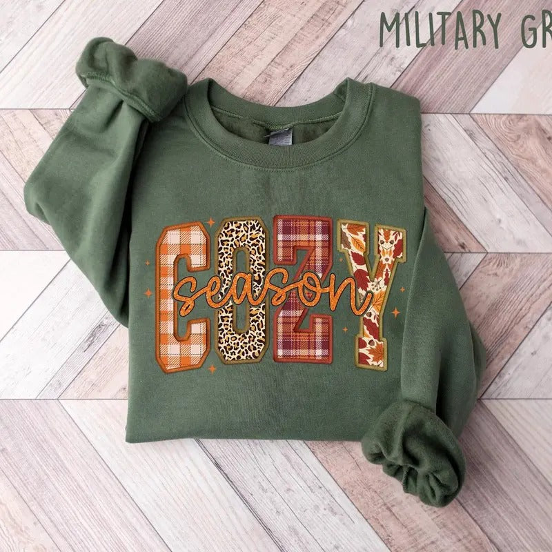 Cozy Season with Leopards Fall Leaves Patterns Graphic PRINTED Sweatshirt, Get Cozy Sweatshirt, Womens Fall Sweaters,...