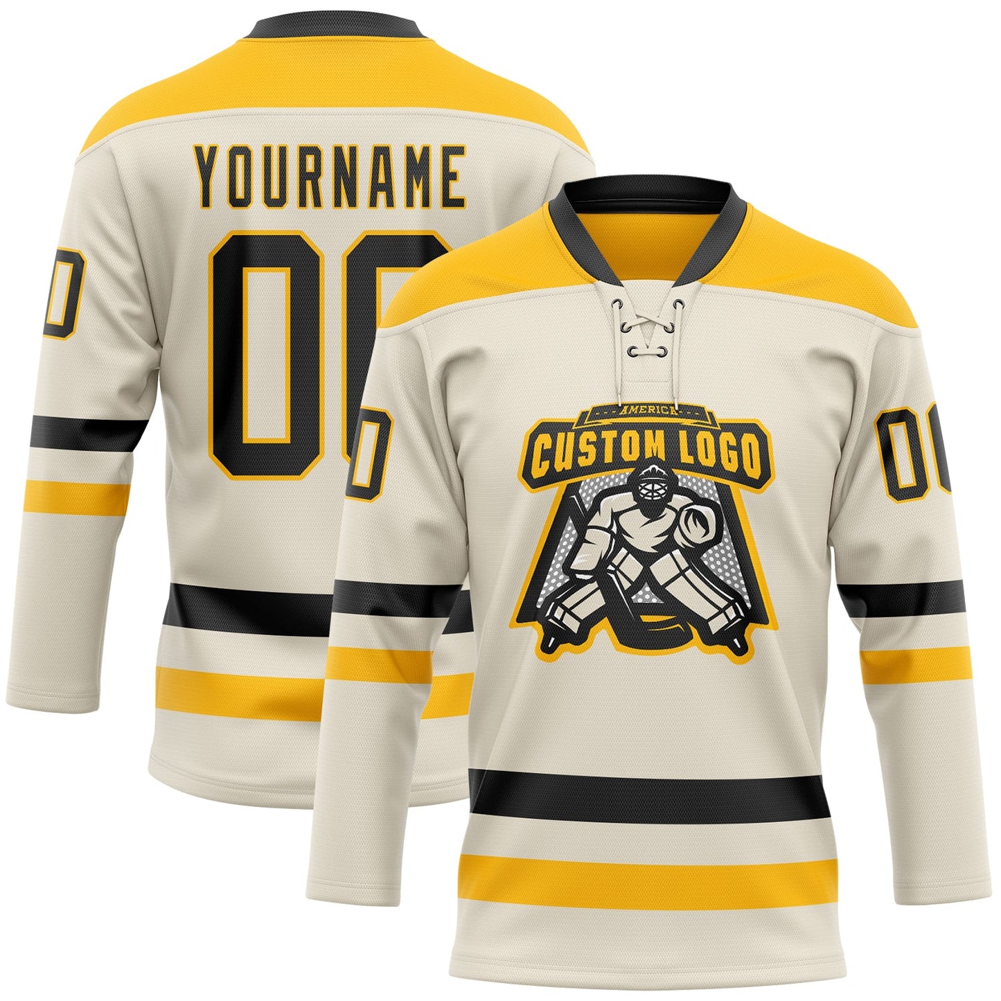 Custom Cream Black-Gold Hockey Lace Neck Jersey T-Shirts, Hoodie, Sweatshirt | WearSparks.com (Image 2)