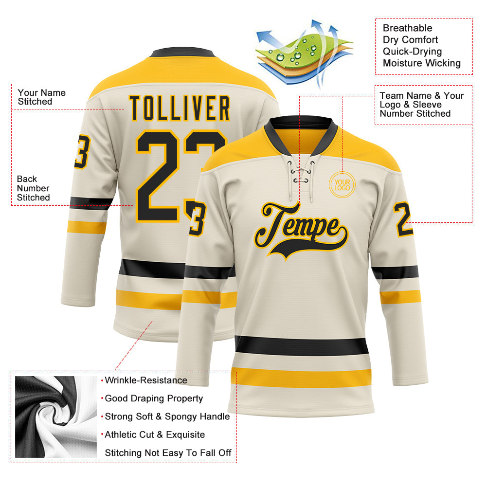 Custom Cream Black-Gold Hockey Lace Neck Jersey T-Shirts, Hoodie, Sweatshirt | WearSparks.com (Image 3)