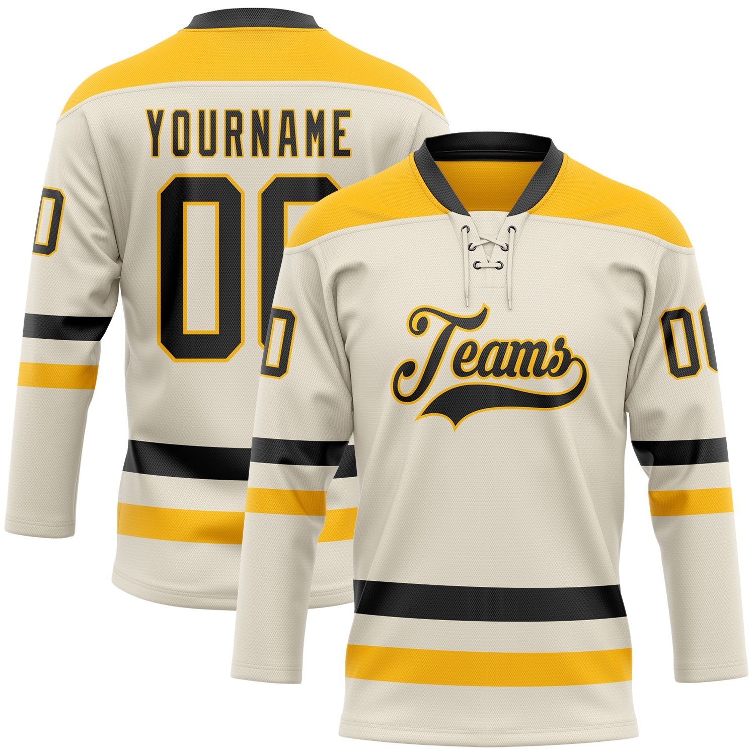 Custom Cream Black-Gold Hockey Lace Neck Jersey T-Shirts, Hoodie, Sweatshirt | WearSparks.com (Image 1)