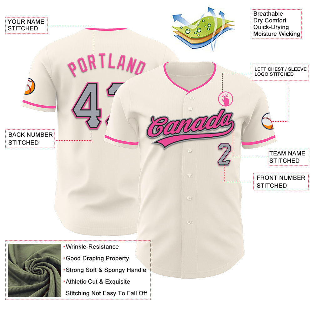 Custom Cream Gray Black-Pink Authentic Baseball Jersey