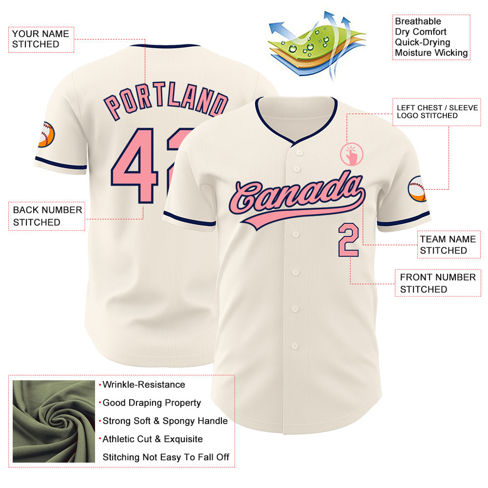 Custom Cream Medium Pink-Navy Authentic Baseball Jersey